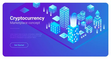 İzometrik akıllı şehir gökdelenler binalar vektör çizim soyut. Blockchain Cryptocurrency pazarı iş ekonomi kavramı