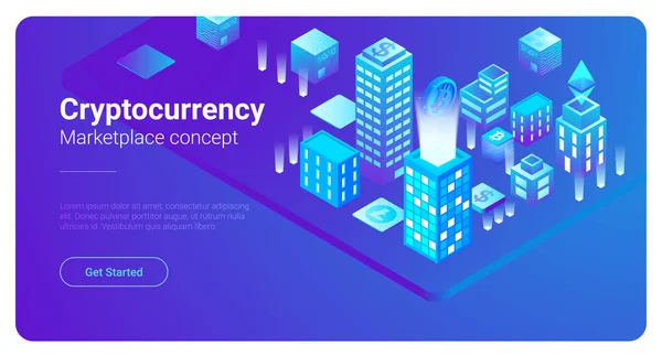 Isométrico Smart City Rascacielos Edificios Ilustración Vector Abstracto Blockchain Cryptocurrency — Vector de stock