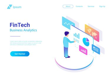 Adam iş analiz veri pazarda sanal uzay izometrik düz vektör çizim. Fintech finans grafikleri diyagramları işadamı renkli kavramı