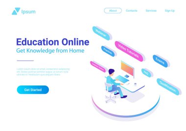 Düz izometrik Eğitim Online vektör çizim tasarım renkli konsepti. Adam oturma öğrenme bilgisayar ile çalışma