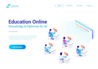 Düz izometrik grup insanlar oturma öğrenme ile bilgisayar ekran Eğitim Online vektör çizim tasarım konsepti önünde çalışma