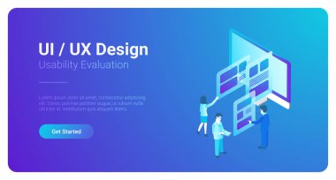 İzometrik stil illüstrasyon UI Ux tasarım insanlar ekip çalışması