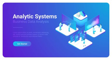 İzometrik Business Analytics istatistik veri çizelgeleri illüstrasyon vektör. Ağ insanlar ekip çalışması kavramı