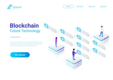 Blockchain teknoloji izometrik düz vektör illüstrasyon kavramı. Veri bloğu kullanan kişiler zincir