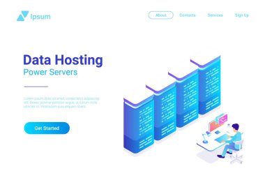 Web Online veri sunucu barındırma izometrik düz vektör çizim. Monitör bilgisayar başında oturan adam Internet sunucusu erişimi kontrol eder.