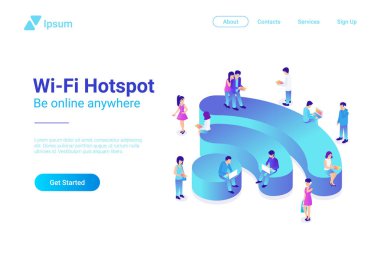 Wifi kablosuz izometrik düz illüstrasyon kavramı. Wi-fi kullanan kişiler
