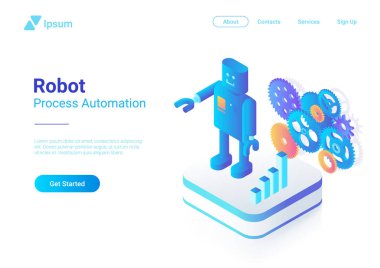 Robot Android retro tarzı düz izometrik çizimde. İşlem otomasyon iş teknoloji kavramı
