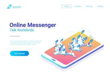 İzometrik düz dünya çapında sosyal ağ messenger vektör çizim konuşan insanlar. Dünya Haritası üzerinde hareket eden telefon smartphone kavramı içinde oturan ekip çalışması kalabalık