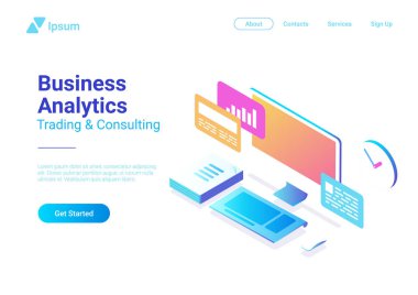 Bilgisayar monitör klavye fare yığını, kağıtları saat izometrik düz vektör çizim. İş Finans analizi 3d kavramı
