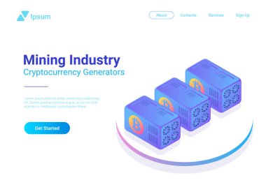 İzometrik Bitcoin madenciler bilgisayar web sitesi vektör afiş tasarımı. Madencilik Sanayi Cryptocurrency illüstrasyon kavramı