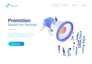 İzometrik düz hoparlör megafon insanlar kalabalık ile illüstrasyon vektör. Reklam Promosyon pazarlama konseptini ultraviyole stili