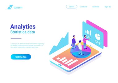 İzometrik düz Analytics strateji vektör çizim pazarlama. İstatistik grafikleri ile Smartphone üzerinde duran insanlar