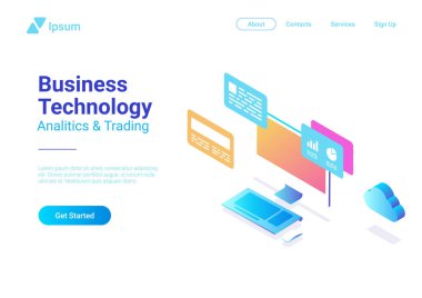 İzometrik düz bilgisayar ultraviyole vektör çizim. Web uygulaması Web sitesi geliştirme iş Analytics teknoloji kavramı