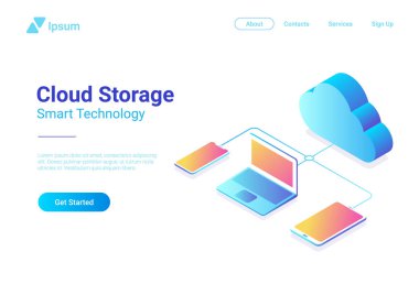 İzometrik düz veri bulut depolama ağı vektör çizim. Online bilgisayar 3D isometry kavramı Hosting. Tablet PC, dizüstü bilgisayar, cep telefonu akıllı telefon nesneleri