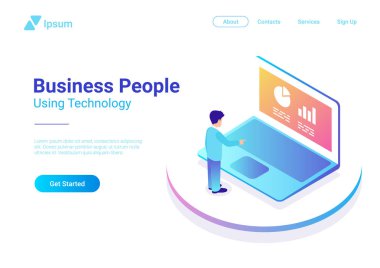 İstatistik grafikleri ile laptop ekran izometrik düz vektör çizim üzerinde çalışan iş adamı. İş finansal rapor yönetimi pazarlama kavramı