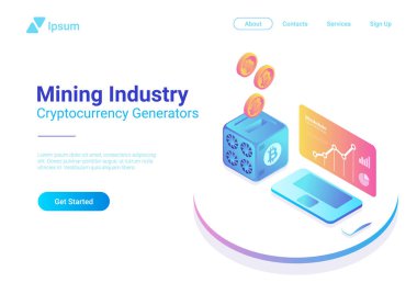 Bitcoin madenci düşen paraları ve Cryptocurrency oranı istatistikleri ekran izometrik düz madenciliği endüstri kavramı ile bilgisayar ile