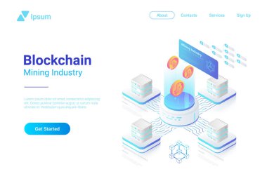 İzometrik Bitcoin madenciler bilgisayar web sitesi vektör tasarımı. Madencilik Sanayi Cryptocurrency illüstrasyon kavramı