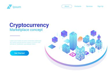 İzometrik akıllı şehir gökdelenler binalar vektör çizim soyut. Blockchain Cryptocurrency pazarı iş ekonomi kavramı