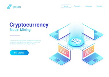 İzometrik Cryptocurrency Bitcoin Trading platform Pazar vektör çizim. Blockchain teknolojisini kullanarak dizüstü dizüstü bilgisayarlar