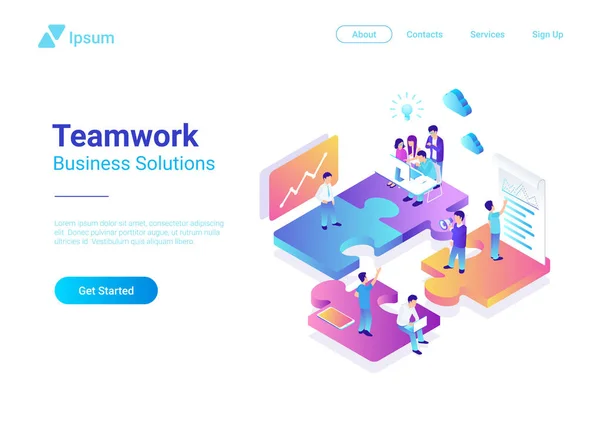 等距平面矢量管理团队业务人员在拼图零件上 财务概念例证 — 图库矢量图片