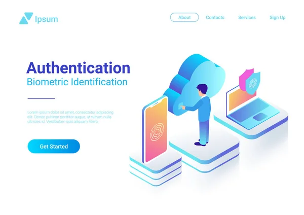 Isometrisk Autentisering Biometrisk Identifiering Vektorillustration Man Vidrör Skärmen För Att — Stock vektor