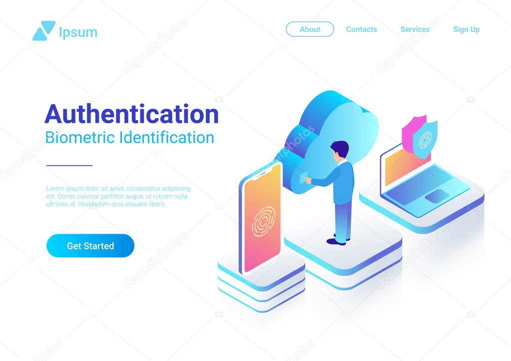 Isometric Authentication Biometric identification vector illustration. Man touches screen to get access to Cloud data by fingerprint