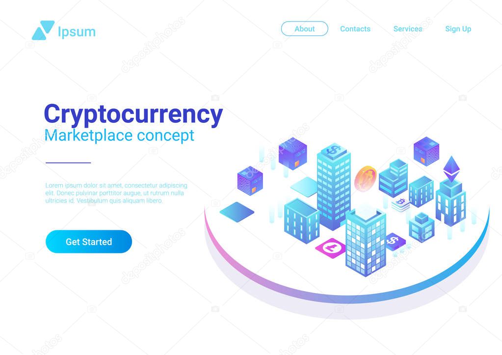 Isometric Smart City Skyscrapers Buildings abstract vector illustration.  Blockchain Cryptocurrency Marketplace business finance concept