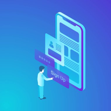 İzometrik adam Kullanıcı erişim hesabı programı uygulaması App için cep telefonunuzdan sağlamış. Smartphone güvenlik veri vektör çizim