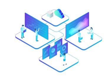 İzometrik Business Analytics istatistik veri çizelgeleri illüstrasyon vektör. Ağ insanlar ekip çalışması kavramı