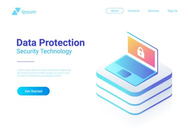 İzometrik düz bilgisayar Laptop dizüstü ultraviyole vektör çizim. Genel koruma güvenlik veri düzenleme teknoloji kavramı