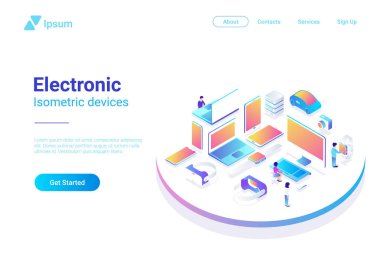 İzometrik düz elektronik cihazları ultraviyole koleksiyonu: laptop, bilgisayar, monitör, vr kask, smartwatch, akıllı telefon, tablet pc, fotoğraf makinesi, depolama