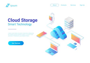 İzometrik düz Cloud Hosting ağ vektör çizim. Online bilgisayar depolama 3d isometry kavramı. SmartWatch, bilgisayar, Laptop, cep telefonu nesneleri