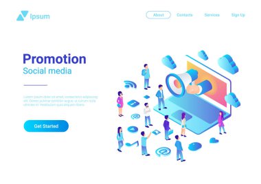 İzometrik düz hoparlör megafon--dan Laptop insanlar kalabalık vektör çizim için konuşuyor. Defter reklam Promo pazarlama konseptini ultraviyole stili