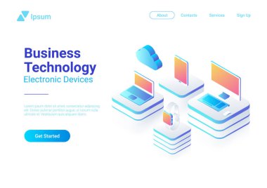 İzometrik düz elektronik cihazlar: bilgisayar Laptop Smartphone cep telefonu Smartwatch bulut vektör çizim set