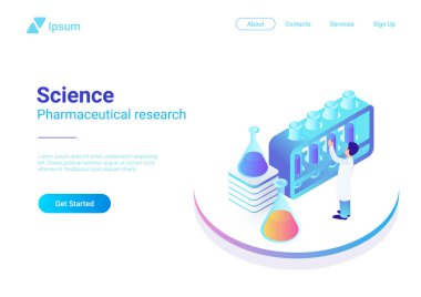 İzometrik düz Fen Laboratuarı vektör illüstrasyon kavramı. Test tüpleri ile çalışan bilim adamı