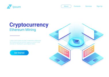 İzometrik Cryptocurrency Etherium Trading platform Pazar vektör çizim. Blockchain teknolojisini kullanarak dizüstü dizüstü bilgisayarlar