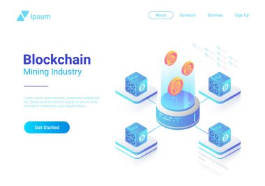 İzometrik Bitcoin madenciler bilgisayar web sitesi vektör afiş tasarımı. Madencilik Sanayi Cryptocurrency illüstrasyon kavramı.
