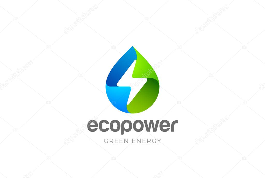 Water drop Flash Thunderbolt Logo design green energy vector template in Negative space style