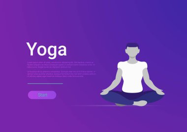 Yoga spor vektör düz stil web şablonu afiş. Kişi üzerinde meditasyon lotus poz. Web arabirimi illüstrasyon.