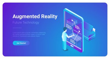 Düz artar realty Vr sanal gerçeklik vektör izometrik çizimde web afiş. Telefon ekran dokunaklı smartphone arabirimi kullanan adam. Geleceğin teknolojisi