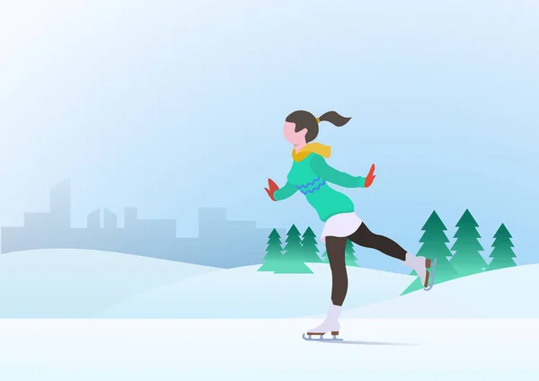 Tiener Meisje Schaatsen Ijs Sneeuwlaag Stadsgezicht Winter Achtergrond Vector Illustratie — Stockvector