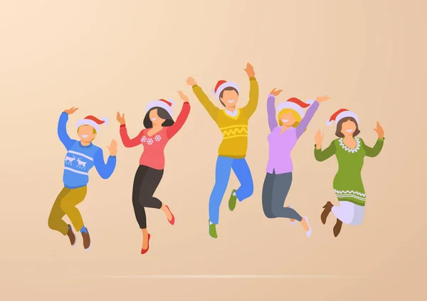 Jumping Dancing Happy People Christmas Party Holidays Flat Vector Illustration — Stock Vector