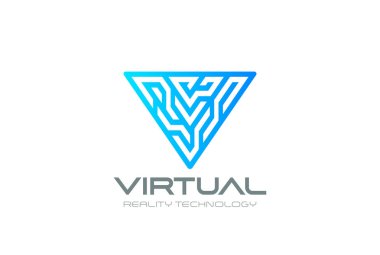 Blockchain Cryptocurrency teknoloji vektör şablonu için mektup V Logo sanal gerçeklik Vr üçgen dijital tasarım. Blok zinciri stil logo kavramı simgesi