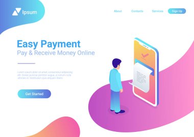 Online ödeme smartphone izometrik düz vektör 3d izometrik çizim üzerinde. Mobil banka tarafından öde. Büyük telefon ekran bilgisi yazdırılır. Internet finans hizmeti ve web uygulama şablonu bankacılık