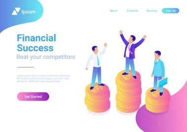 Finansal başarı 3d web izometrik Infographic iş kavramı vektör çizim düz. Mutlu başarılı işadamı kazanan en iyi sikke üzerinde yığın elleri ve rakip