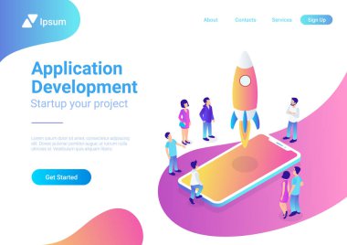 App başlangıç işlemini düz 3d başlatmadan mobil web izometrik teknoloji online hizmet uygulama Internet iş kavramı vektör. Roket uzay gemisi almak smartphone mikro yaratıcı insanları