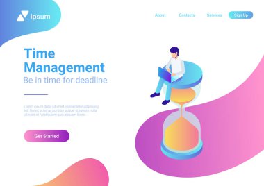 Zaman yönetimi proje planı takvimi iş kavramı vektör düz 3d web izometrik Infographic. Kum saati üstüne oturan dizüstü bilgisayar ile genç adam