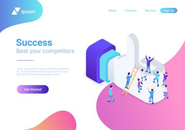 Düz izometrik erkek insanlar kalabalık tırmanış işareti gibi büyük internet üzerinde net vektör çizim. Sosyal ağ 3d isometry promosyon kavramı