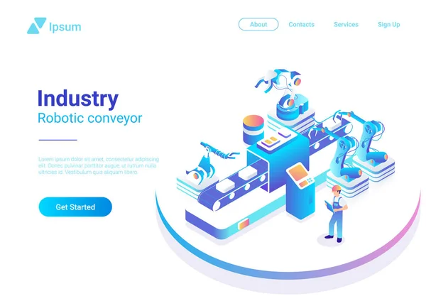 等尺性フラット ロボット工場のコンベア ベクトル イラスト ロボット産業のコンセプト — ストックベクタ