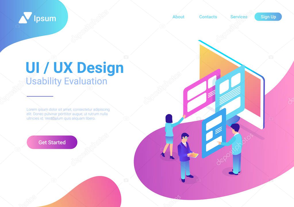 Isometric flat style illustration Teamwork People Create UI UX Design.